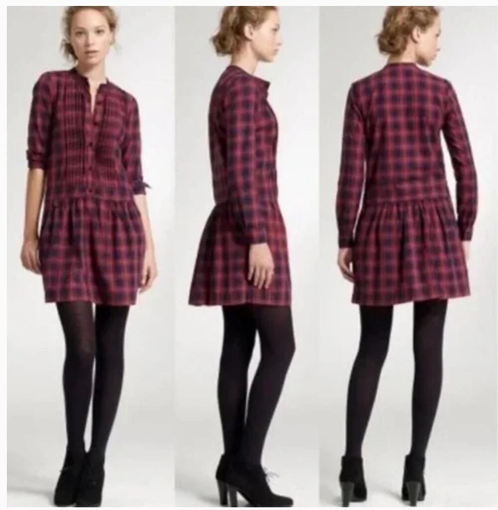 J.Crew Sundrine Red Plaid Pleated Silk Tunic Mini Dress Sz 2
